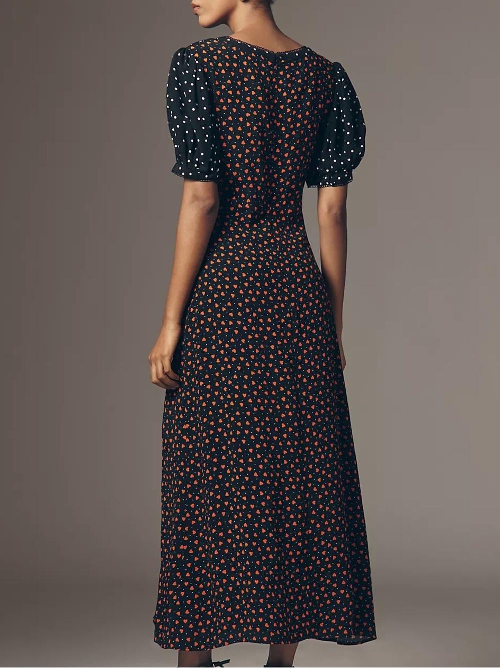 Anthropologie Maeve V-Neck A-Line Maxi Dress Black Polka Dot Hearts Puff Sleeves - Picture 5 of 8